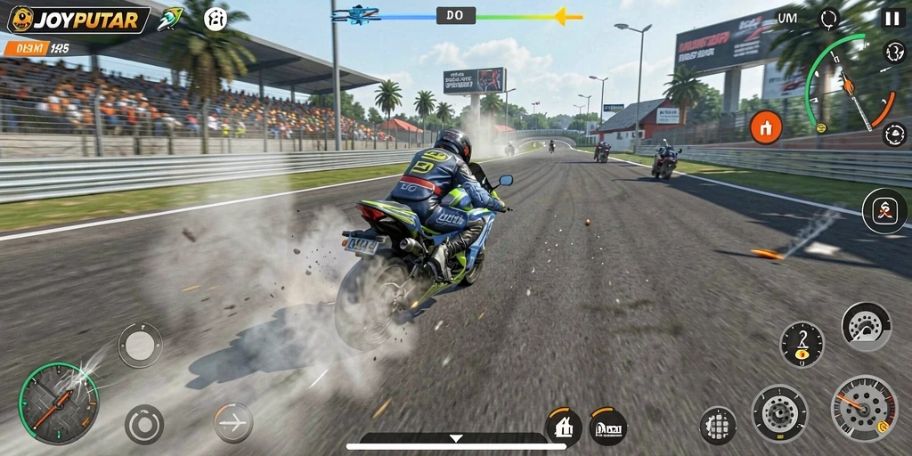 Tampilan gameplay seru dari JOYPUTAR dengan aksi balap motor.