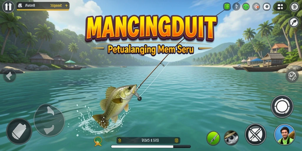 Tampilan gameplay MANCINGDUIT saat menangkap ikan dengan teknik yang tepat.